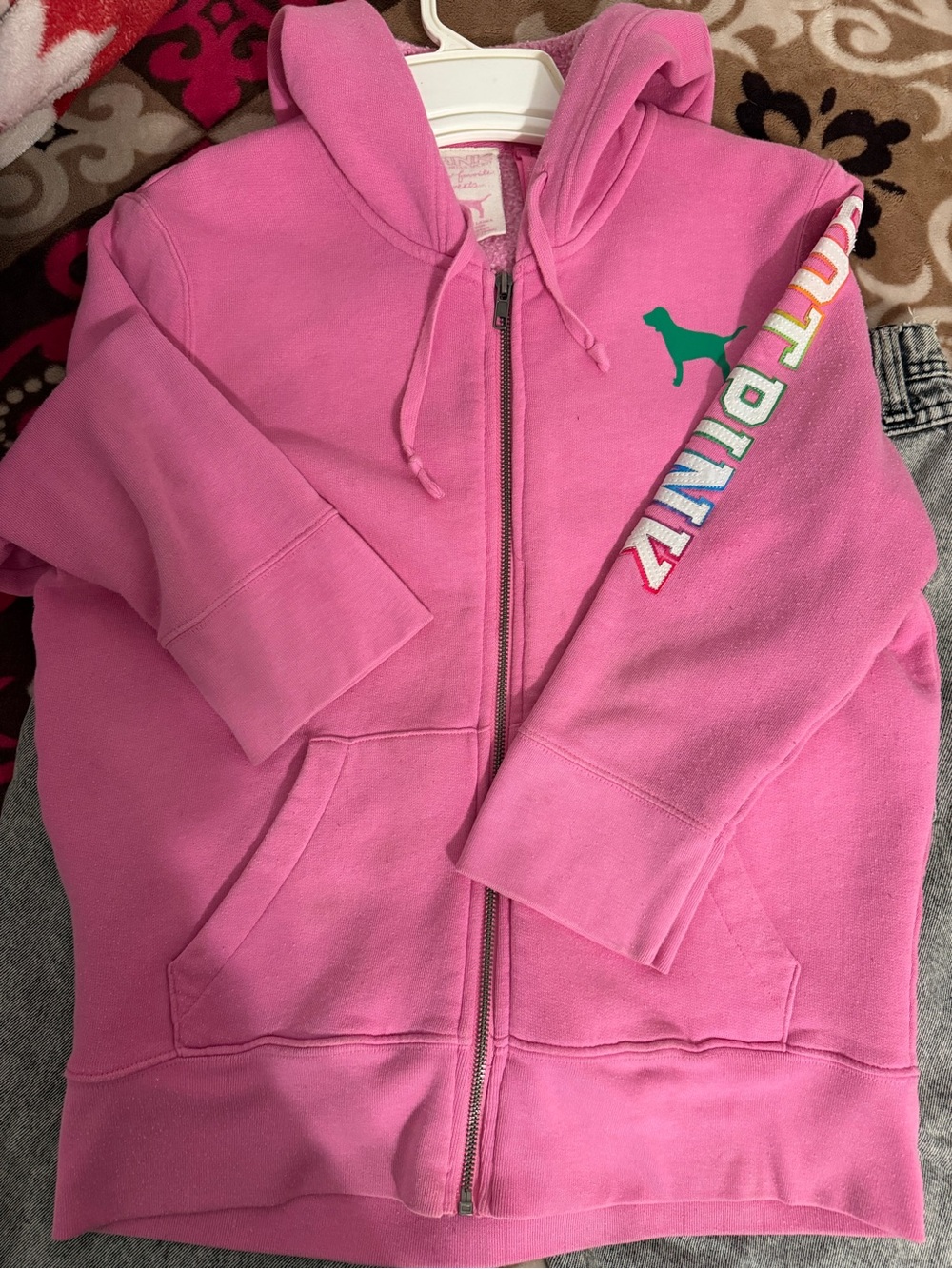 PINK Victoria's Secret Girls' Bright Pink Zip Hoodie with Green Dog Logo